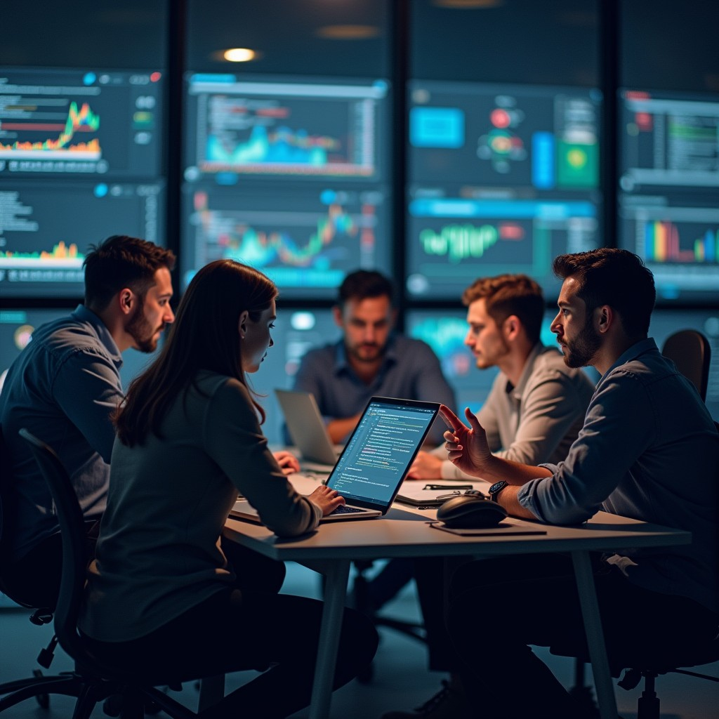 Team of technical experts collaborating in front of data visualisation screens